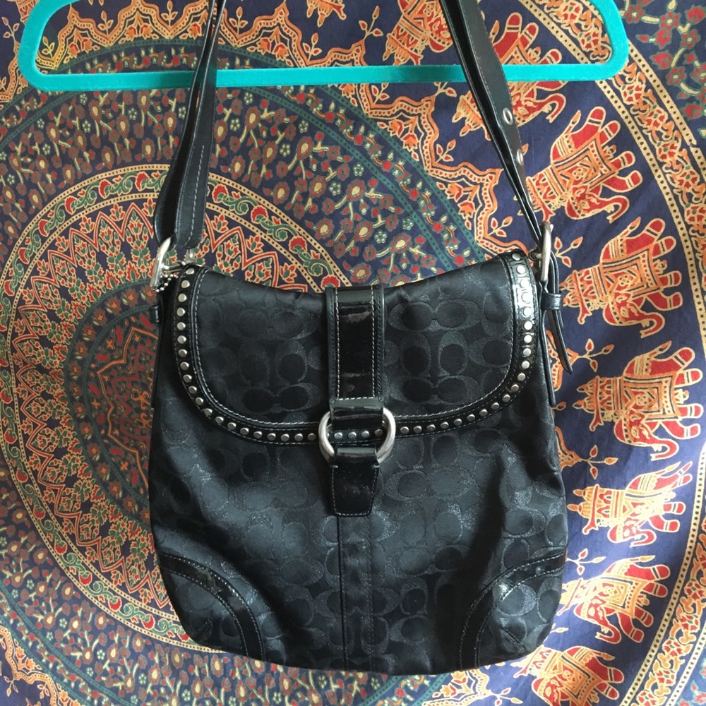 Black leather and cloth Coach purse